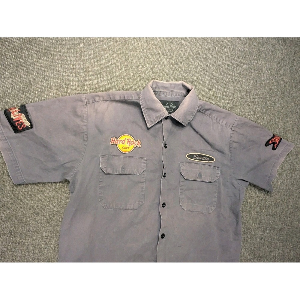 Hard Rock Seattle Guitar Button Up Shirt Large Embroidered Patches Vtg Pockets